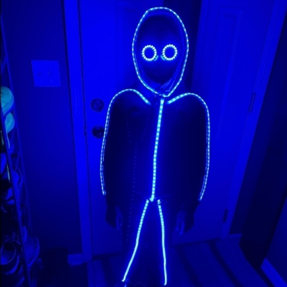 Futuristic Blue Halloween Costumes with LED Glow
